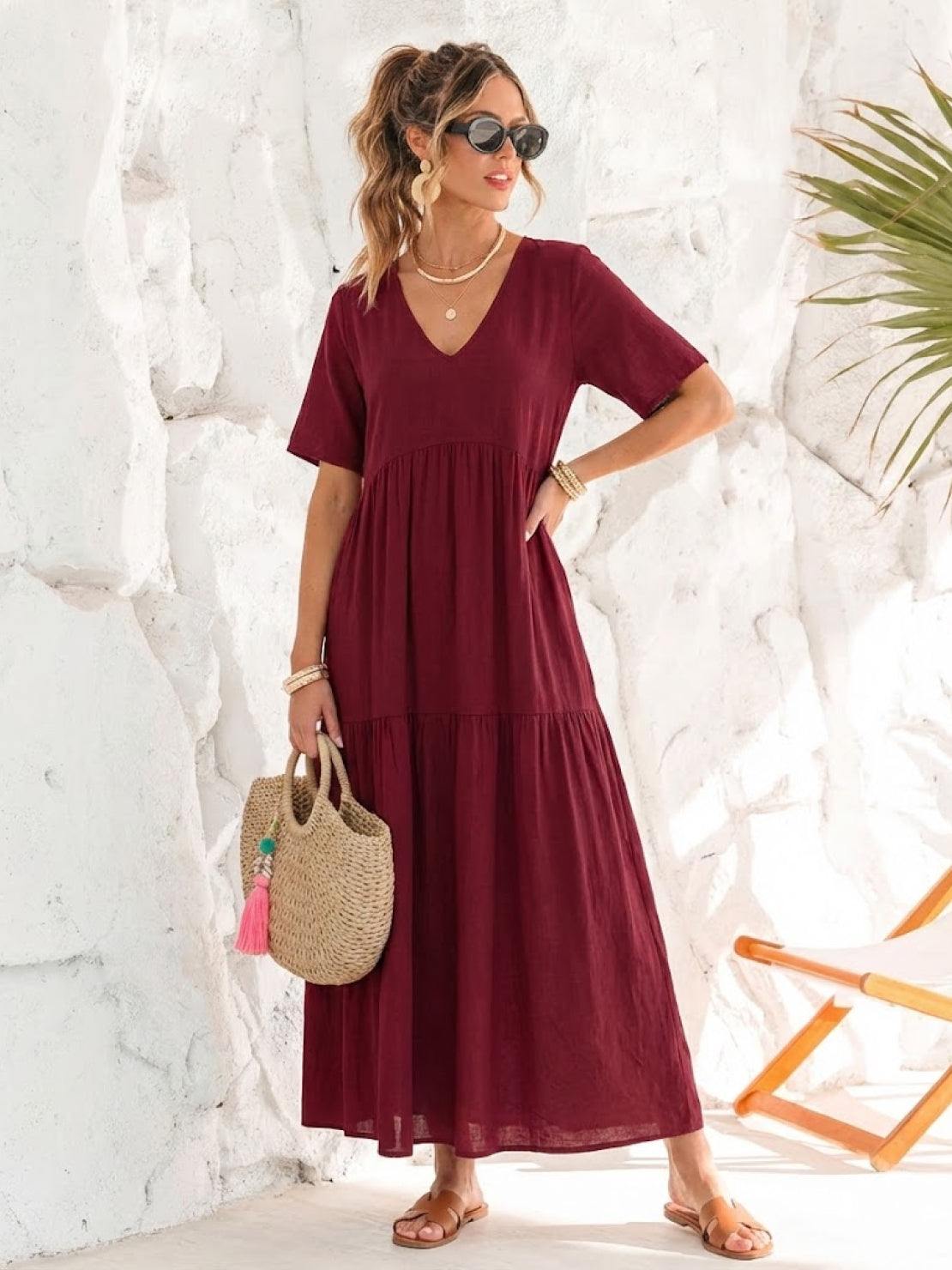 Marlowe | Women's V-Neck Tiered Maxi Swing Dress with Short Sleeves