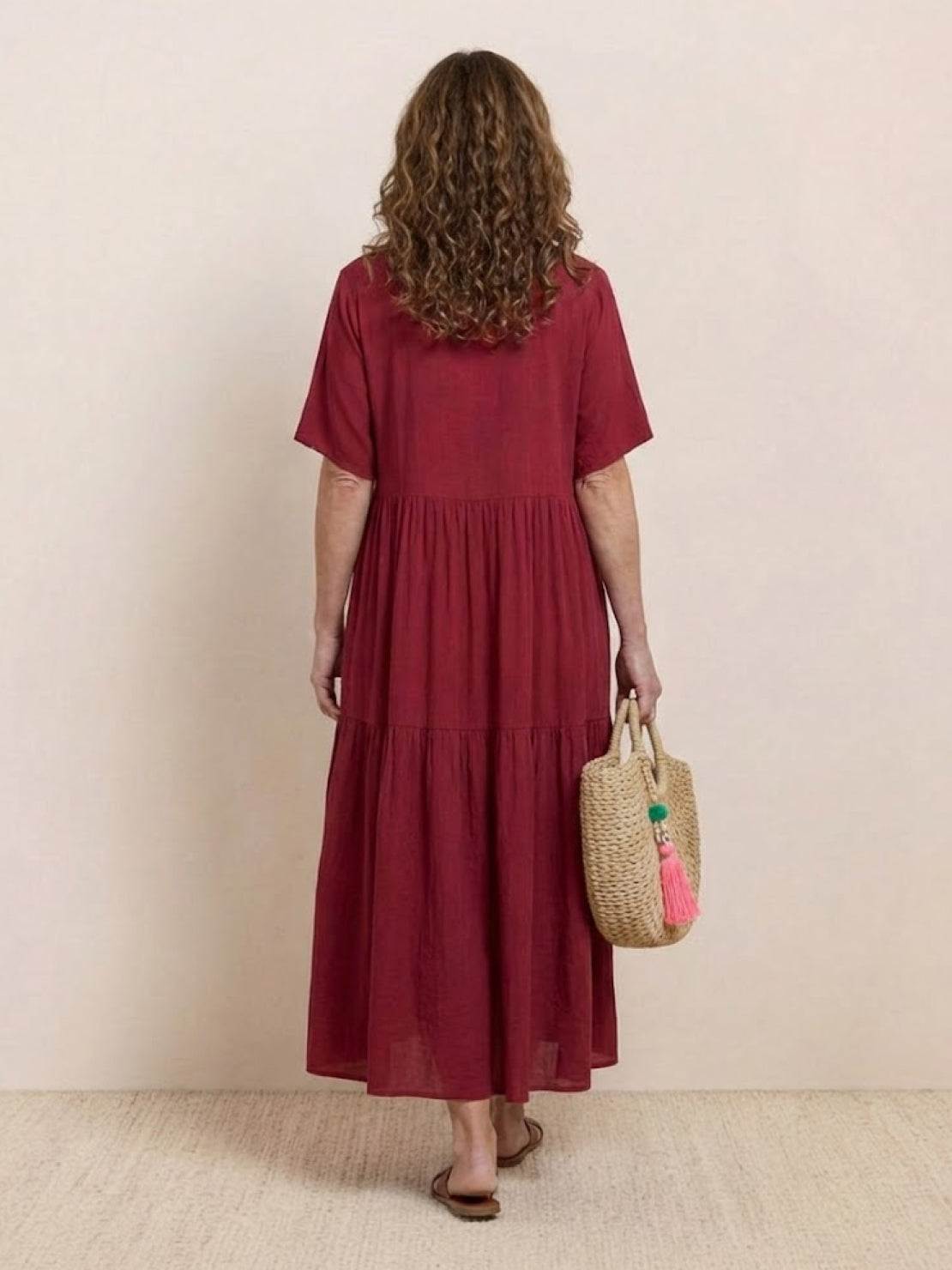 Marlowe | Women's V-Neck Tiered Maxi Swing Dress with Short Sleeves