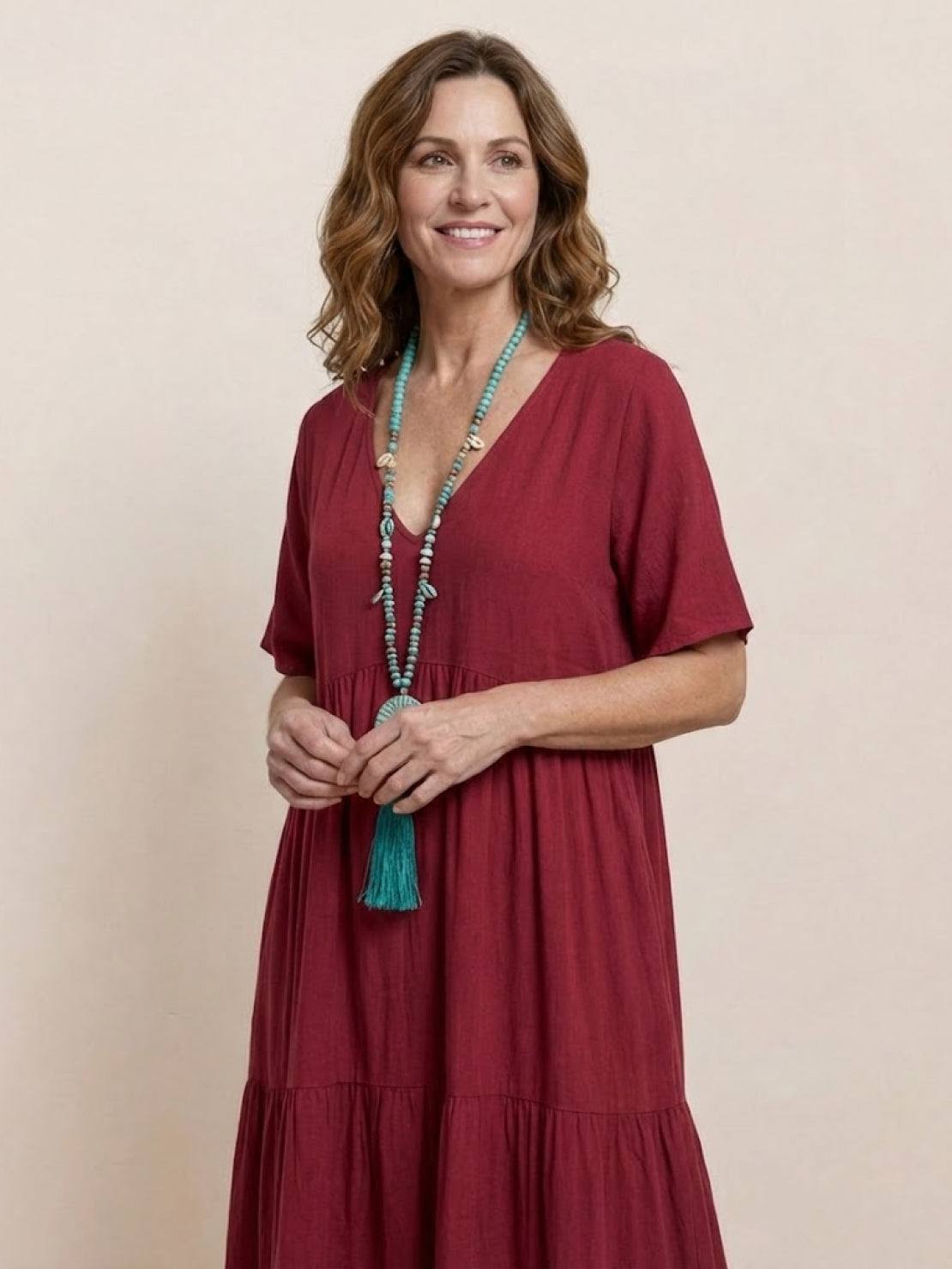 Marlowe | Women's V-Neck Tiered Maxi Swing Dress with Short Sleeves