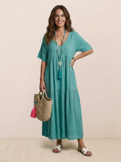 Marlowe | Women's V-Neck Tiered Maxi Swing Dress with Short Sleeves