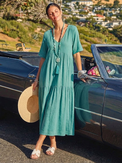 Marlowe | Women's V-Neck Tiered Maxi Swing Dress with Short Sleeves