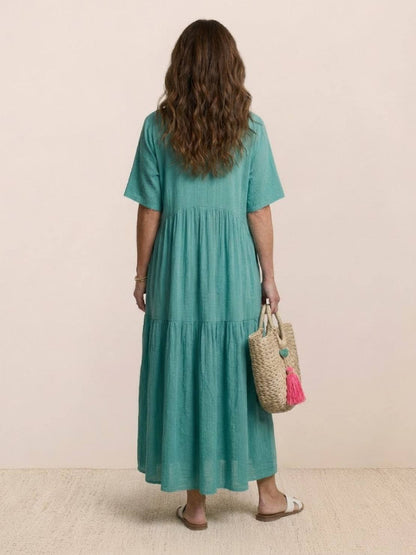 Marlowe | Women's V-Neck Tiered Maxi Swing Dress with Short Sleeves