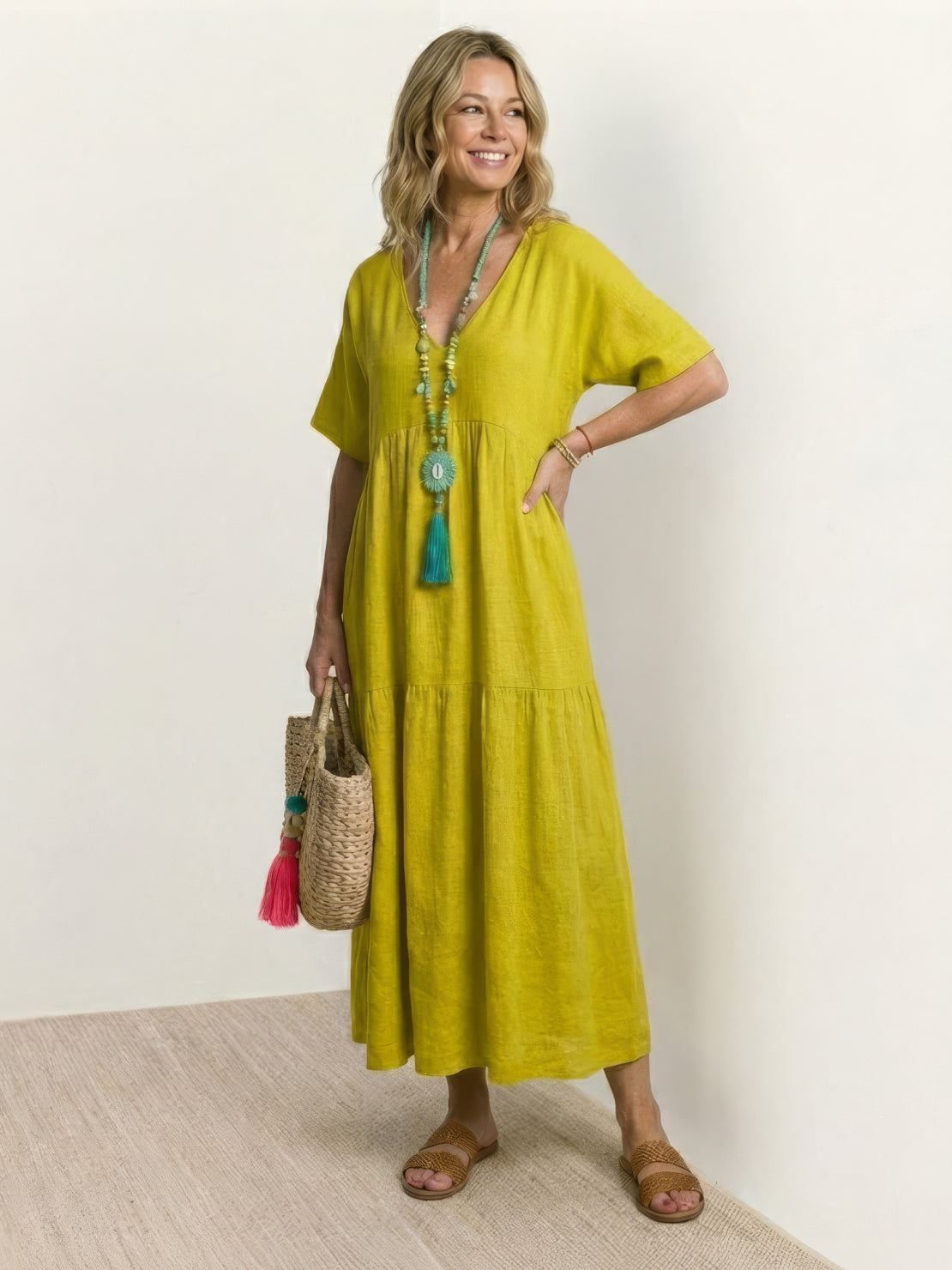 Marlowe | Women's V-Neck Tiered Maxi Swing Dress with Short Sleeves