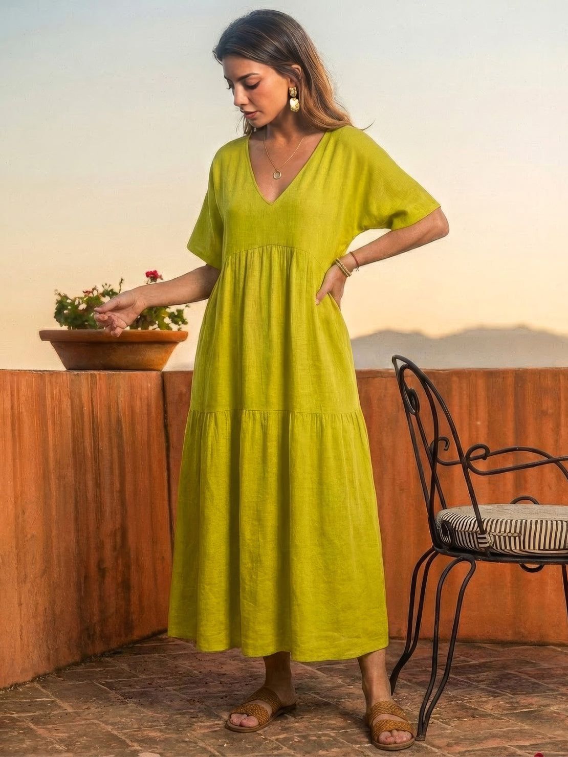 Marlowe | Women's V-Neck Tiered Maxi Swing Dress with Short Sleeves