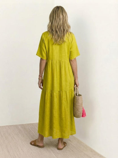 Marlowe | Women's V-Neck Tiered Maxi Swing Dress with Short Sleeves