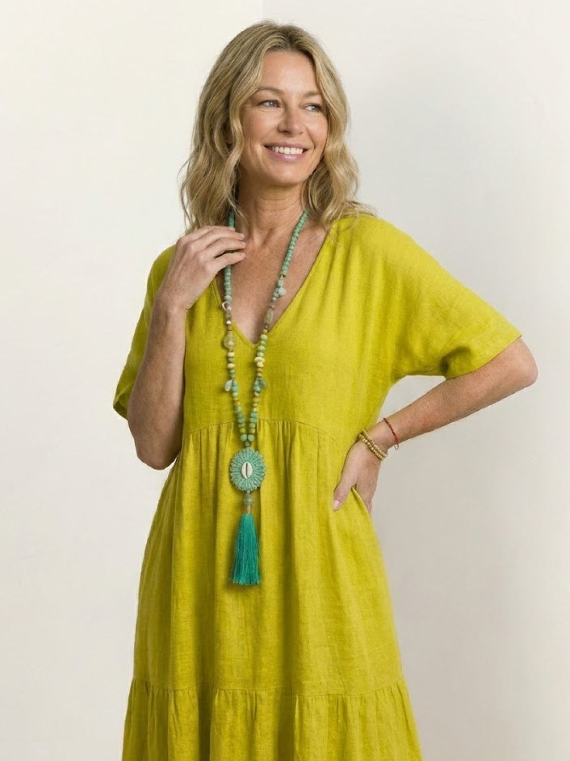 Marlowe | Women's V-Neck Tiered Maxi Swing Dress with Short Sleeves