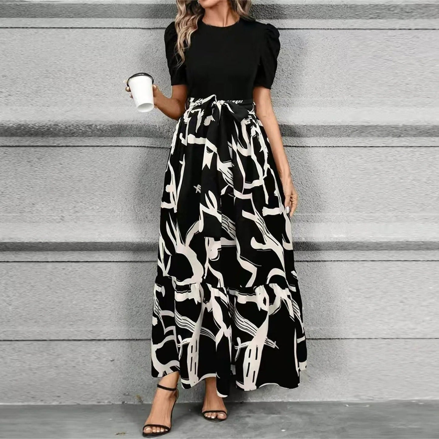 Megan | Women's Puff Sleeve Floral Maxi Dress with Tie Waist