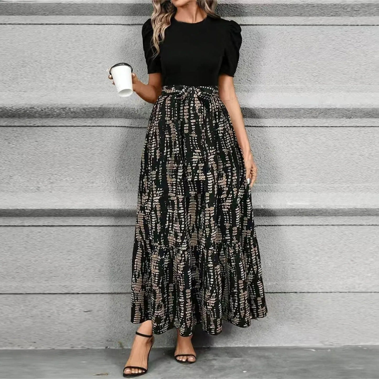 Megan | Women's Puff Sleeve Floral Maxi Dress with Tie Waist