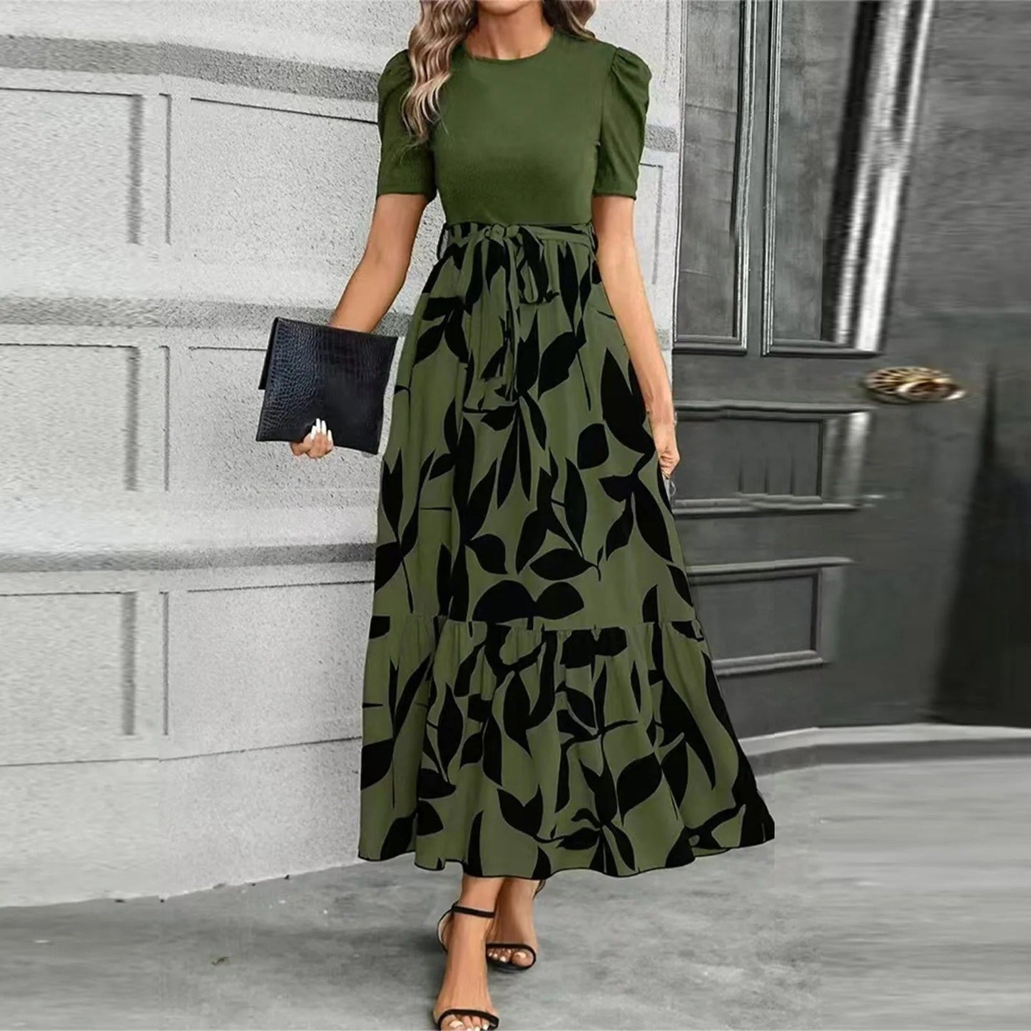 Megan | Women's Puff Sleeve Floral Maxi Dress with Tie Waist