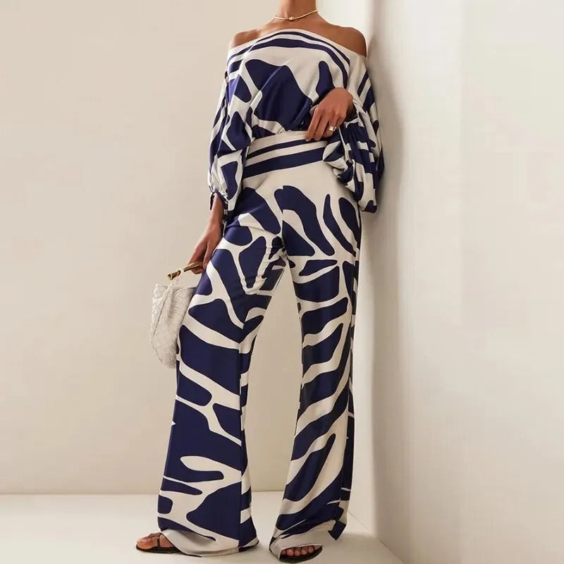 Stephanie | Women's Printed Two Piece Set Off Shoulder Top Wide Leg Pants