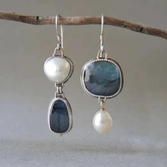 Brooke | Retro Blue Gem & Pearl Earrings