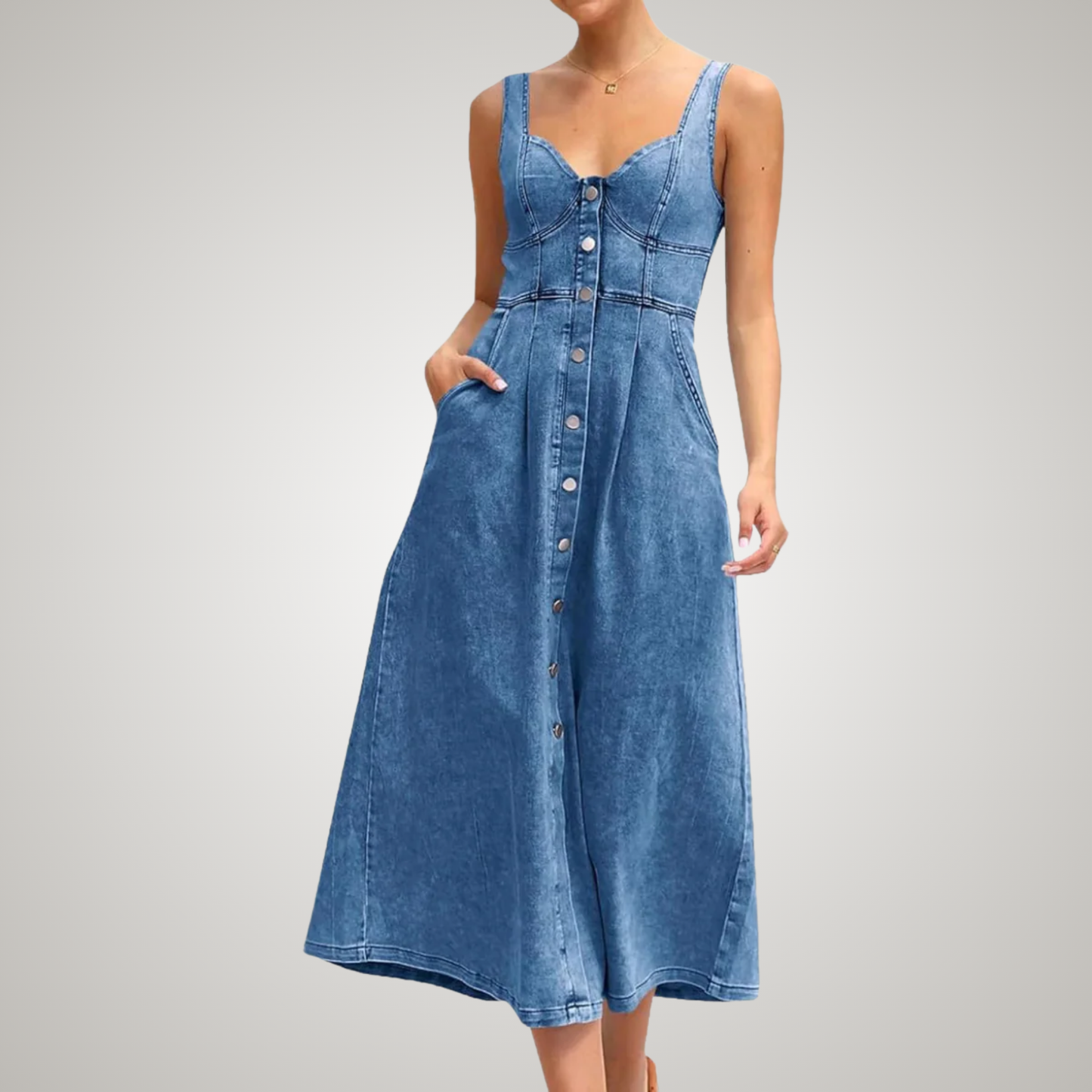 Addison | Classic No-Sleeve Button-Front Denim Dress