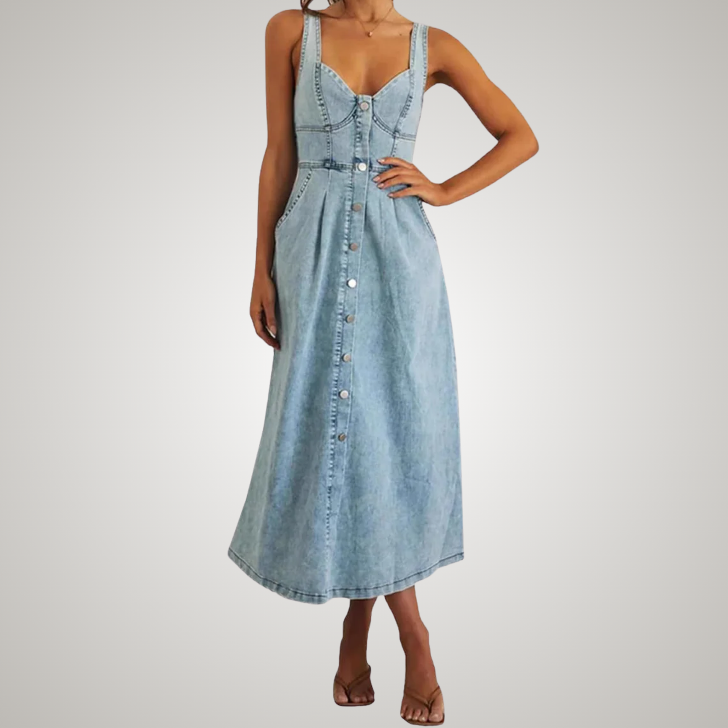 Addison | Classic No-Sleeve Button-Front Denim Dress