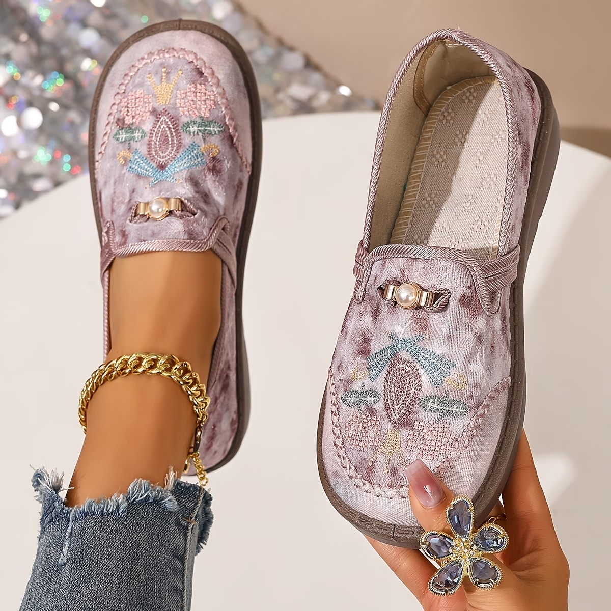 Lily | Women's Embroidered Botanical Loafers